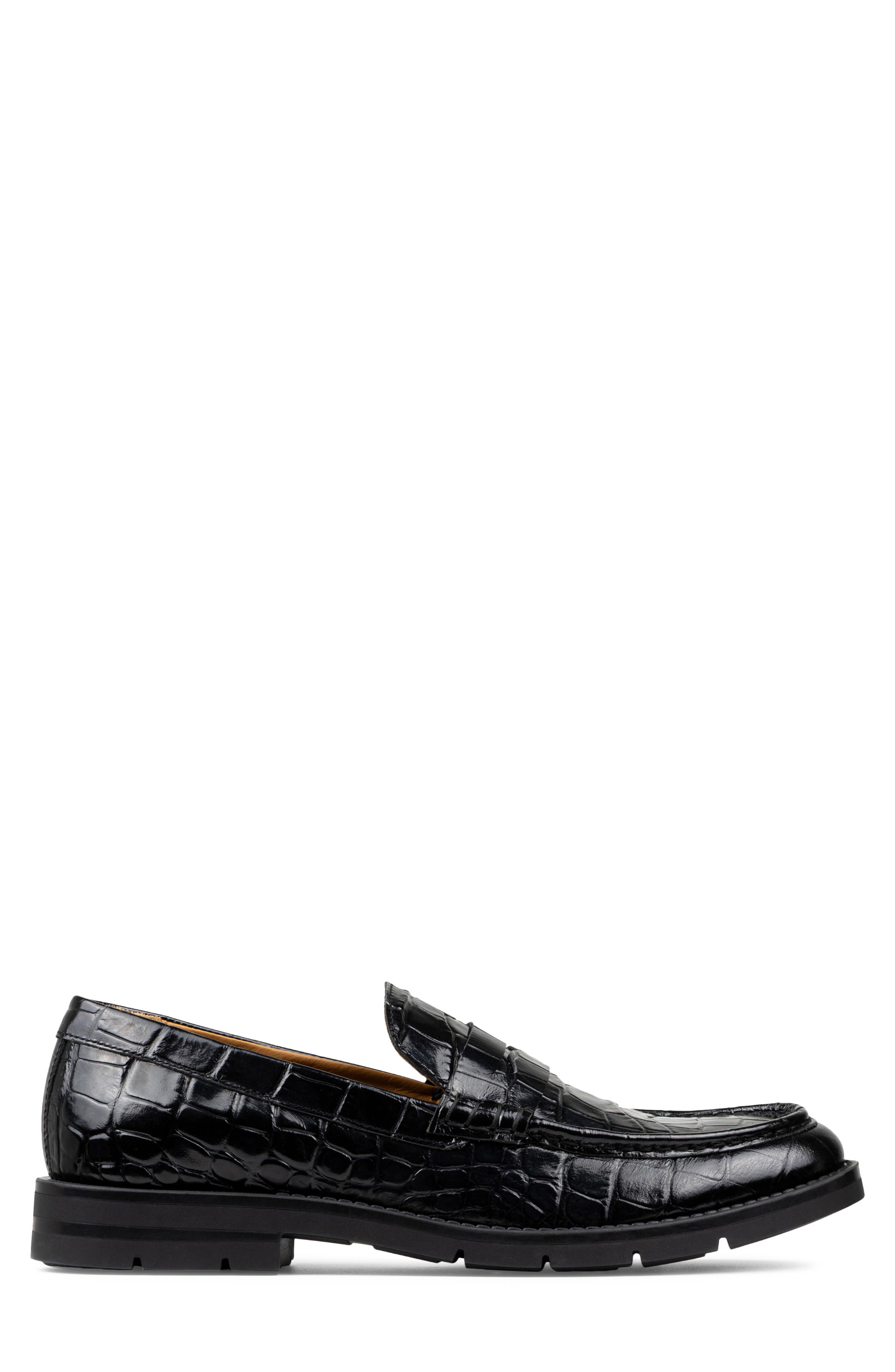 Donald Pliner Caiden Croc Embossed Penny Loafer, Alternate, color, Black