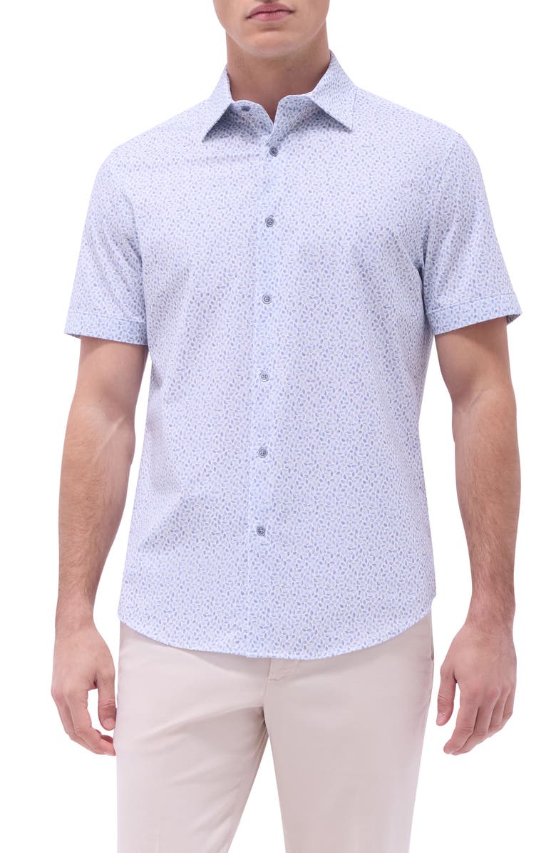 Bugatchi Miles OoohCotton<sup>®</sup> Abstract Print Short Sleeve Button-Up Shirt, Main, color, Almond