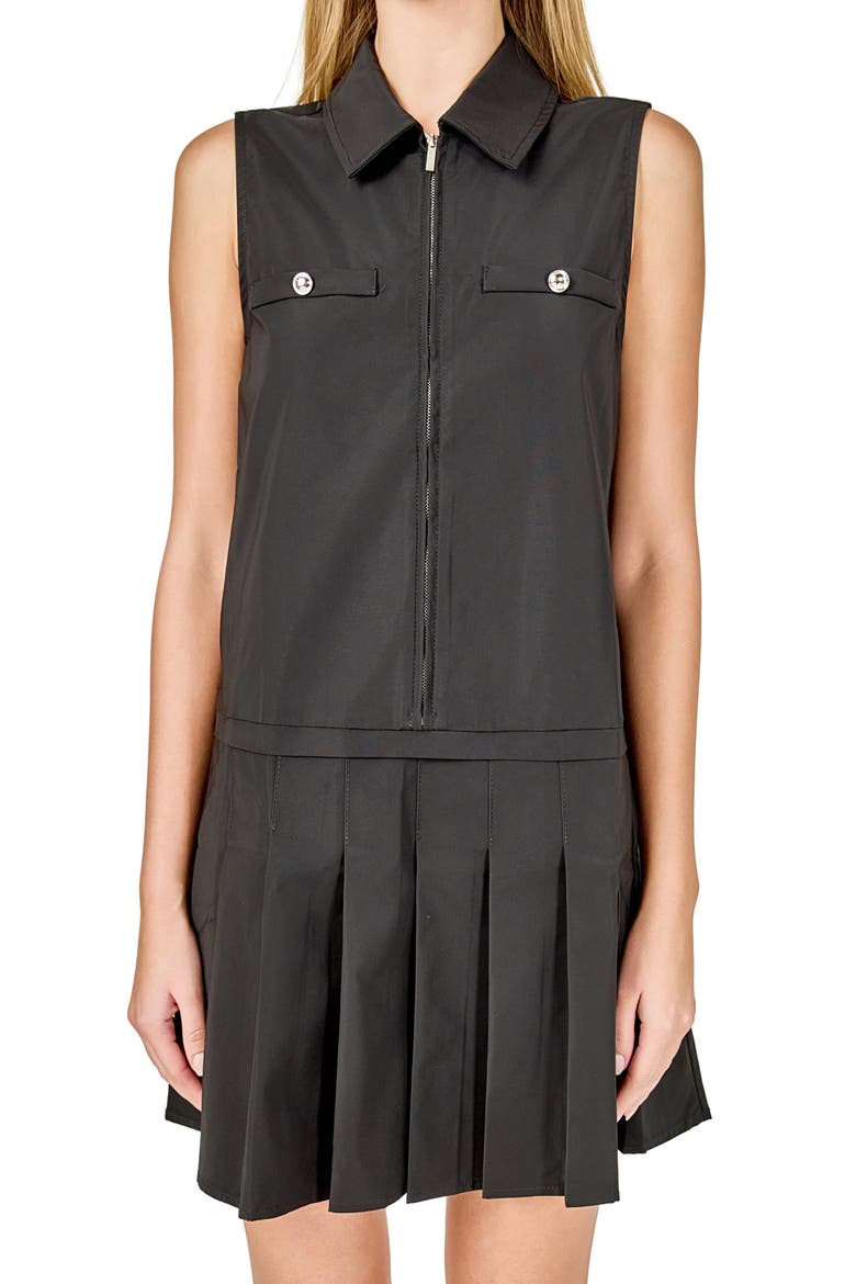 Sleeveless Pleated Zip-Up Minidress, Alternate, color, BLACK