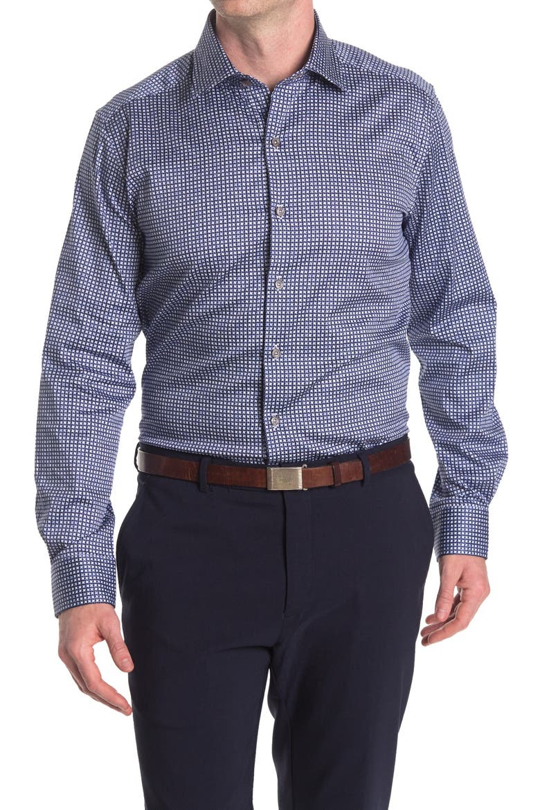Jacquard Check Print Long Sleeve Tailored Fit Shirt, Main, color, NAVY