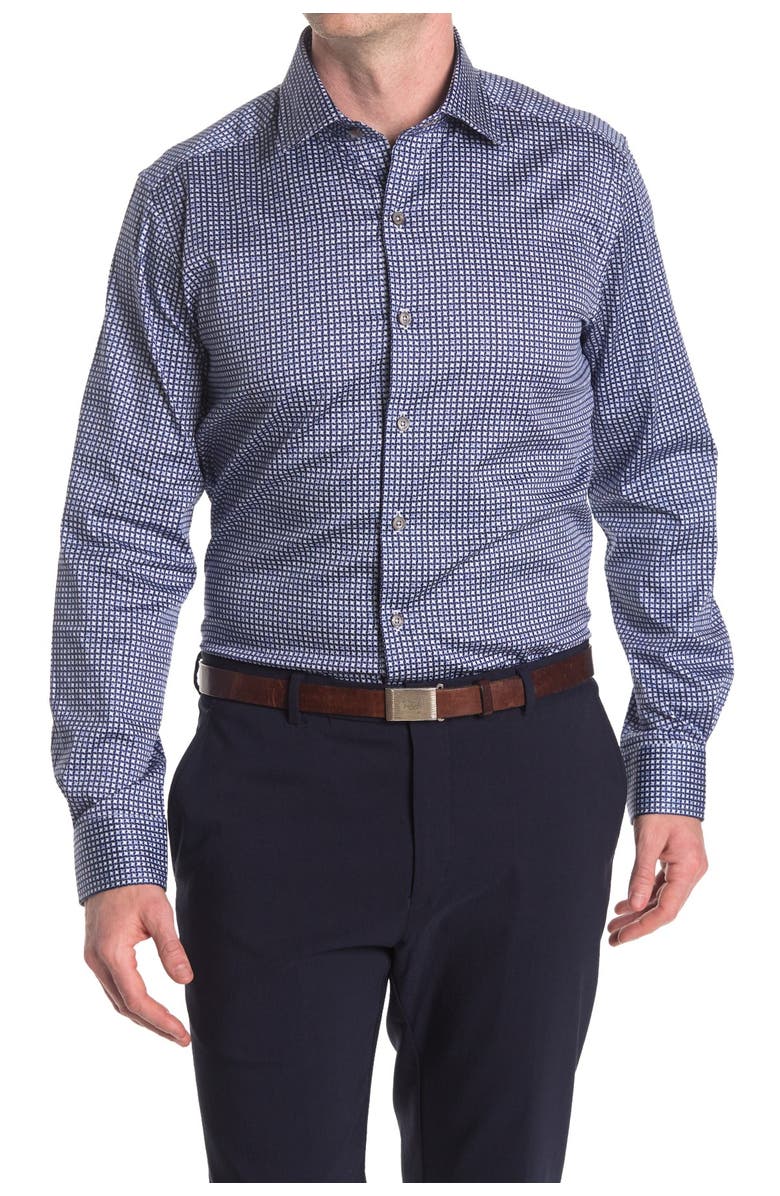 Zanella Jacquard Check Print Long Sleeve Tailored Fit Shirt, Main, color, Navy