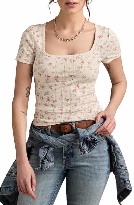 Lucky Brand Floral Pointelle Square Neck T-Shirt