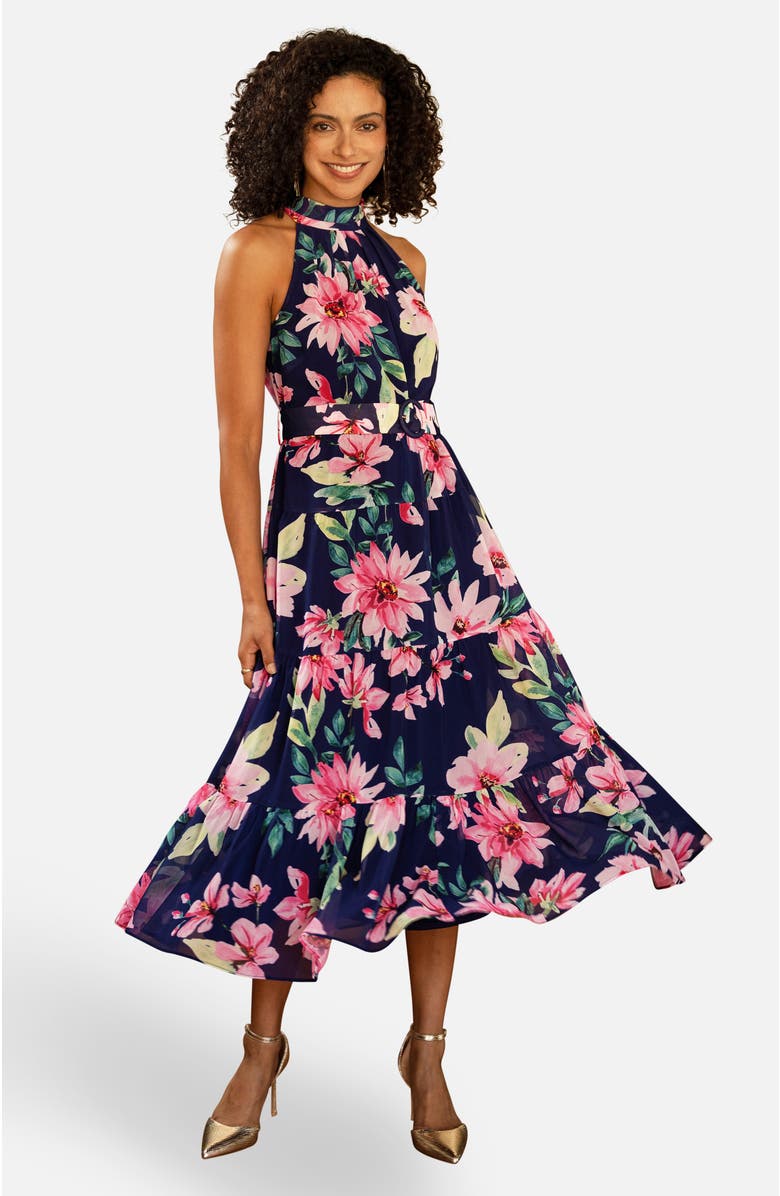 Yumi Floral Halter Neck Midi Dress, Main, color, Navy