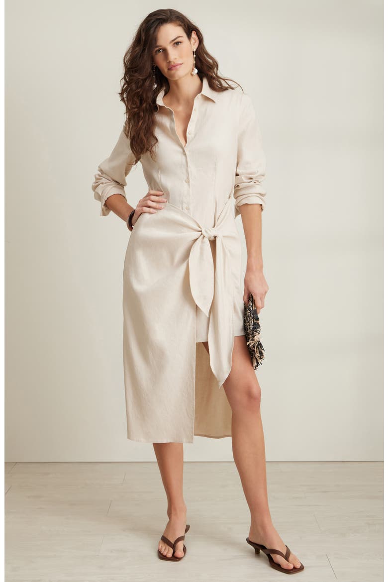 Long Sleeve Stretch Linen Blend Faux Wrap Shirtdress, Alternate, color, BEIGE OATMEAL