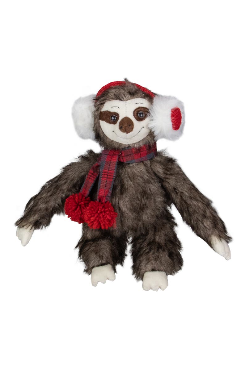 Northlight Plush Sitting Winter Sloth with Plaid and Pom Pom Scarf Christmas Figure - 12", Main, color, Brown