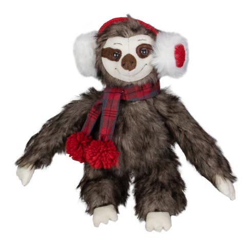 Plush Sitting Winter Sloth with Plaid and Pom Pom Scarf Christmas Figure - 12"