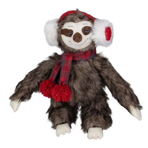 Northlight Plush Sitting Winter Sloth With Plaid And Pom Pom Scarf Christmas Figure In Brown