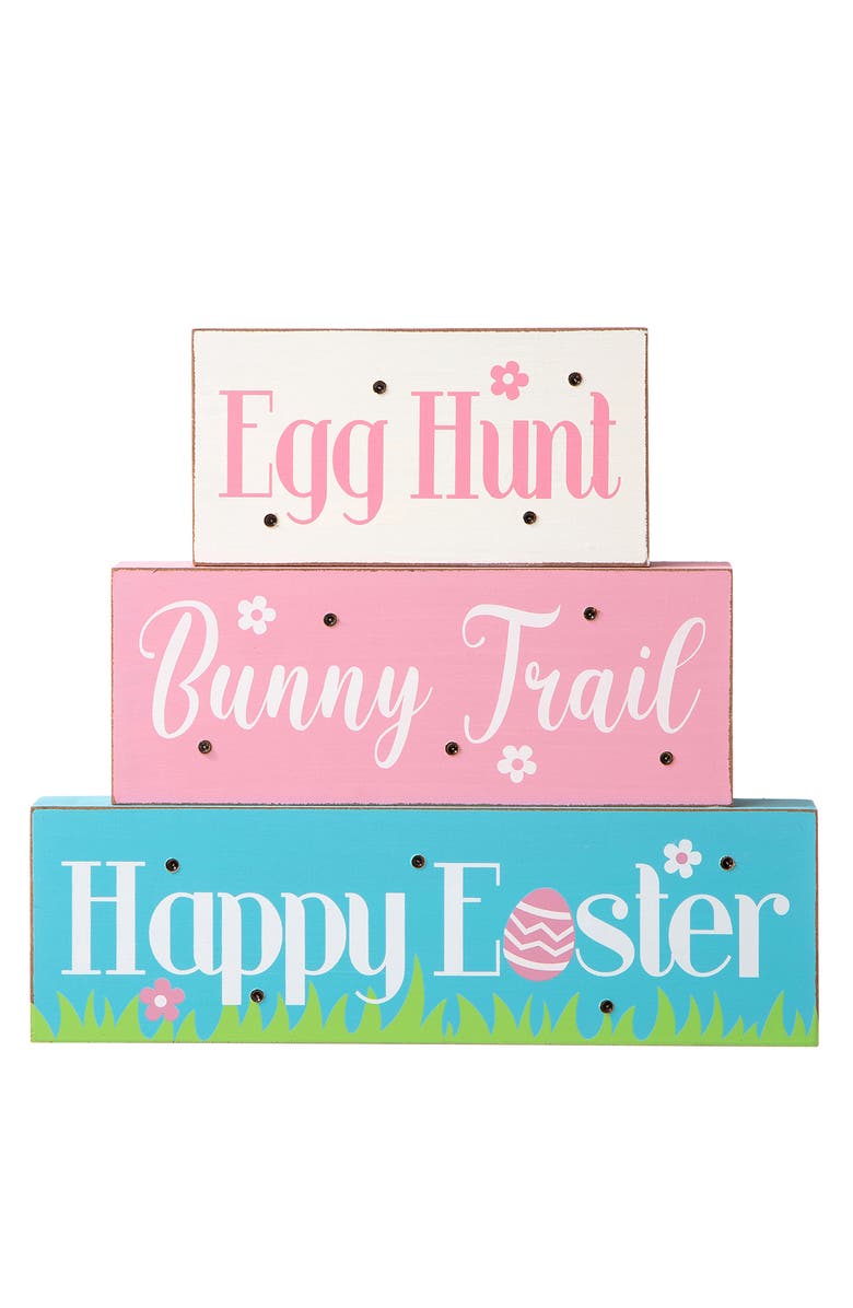 Glitzhome Easter LED Lighted Wooden Bunny Block Word Sign, Main, color, Blue