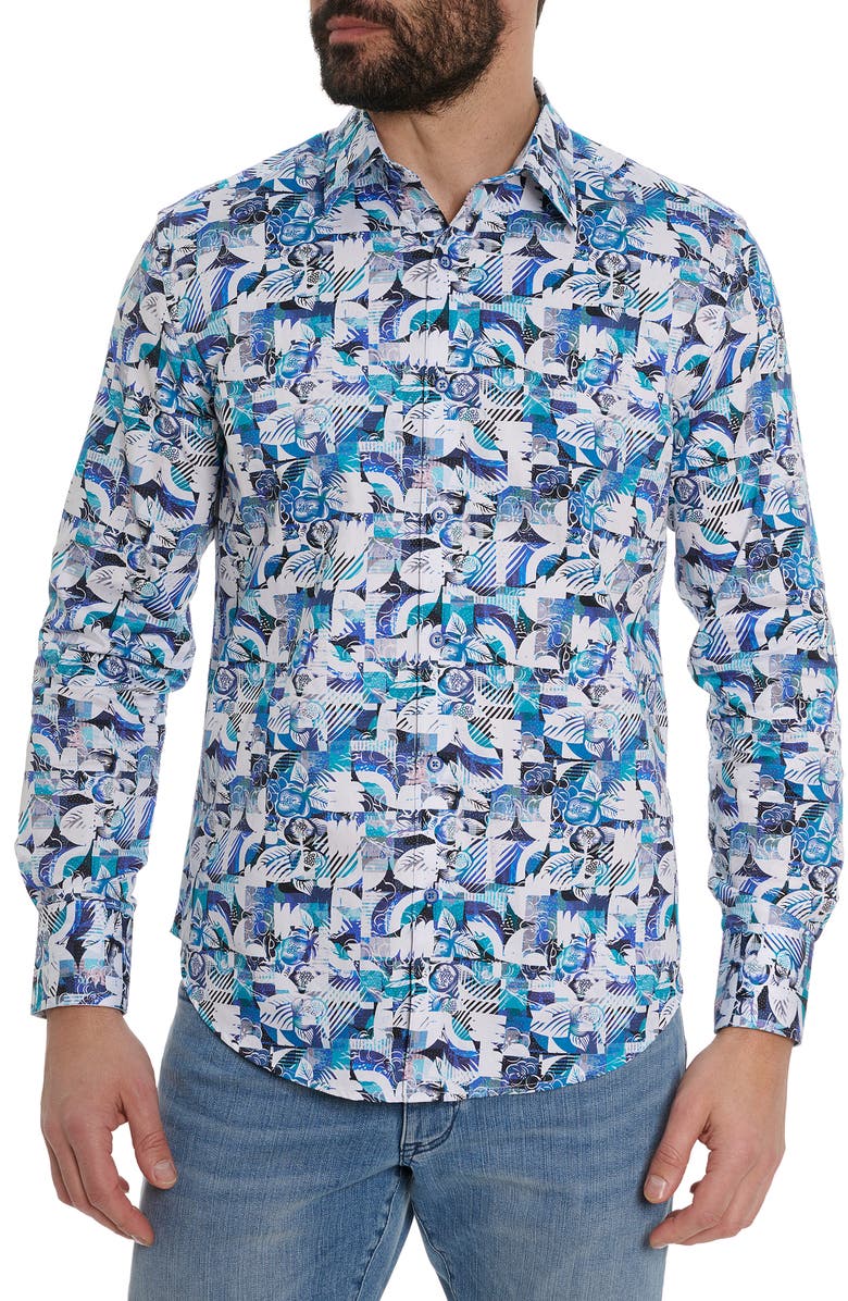 Robert Graham Floral Checks Print Long Sleeve Shirt, Main, color, Blue Multi