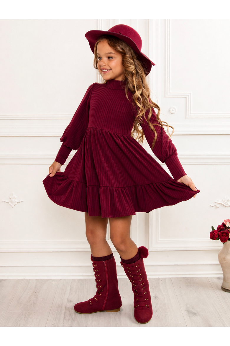 Snuggle & Twirl Ribbed Turtleneck Ruffle Dress, Alternate, color, Burgundy