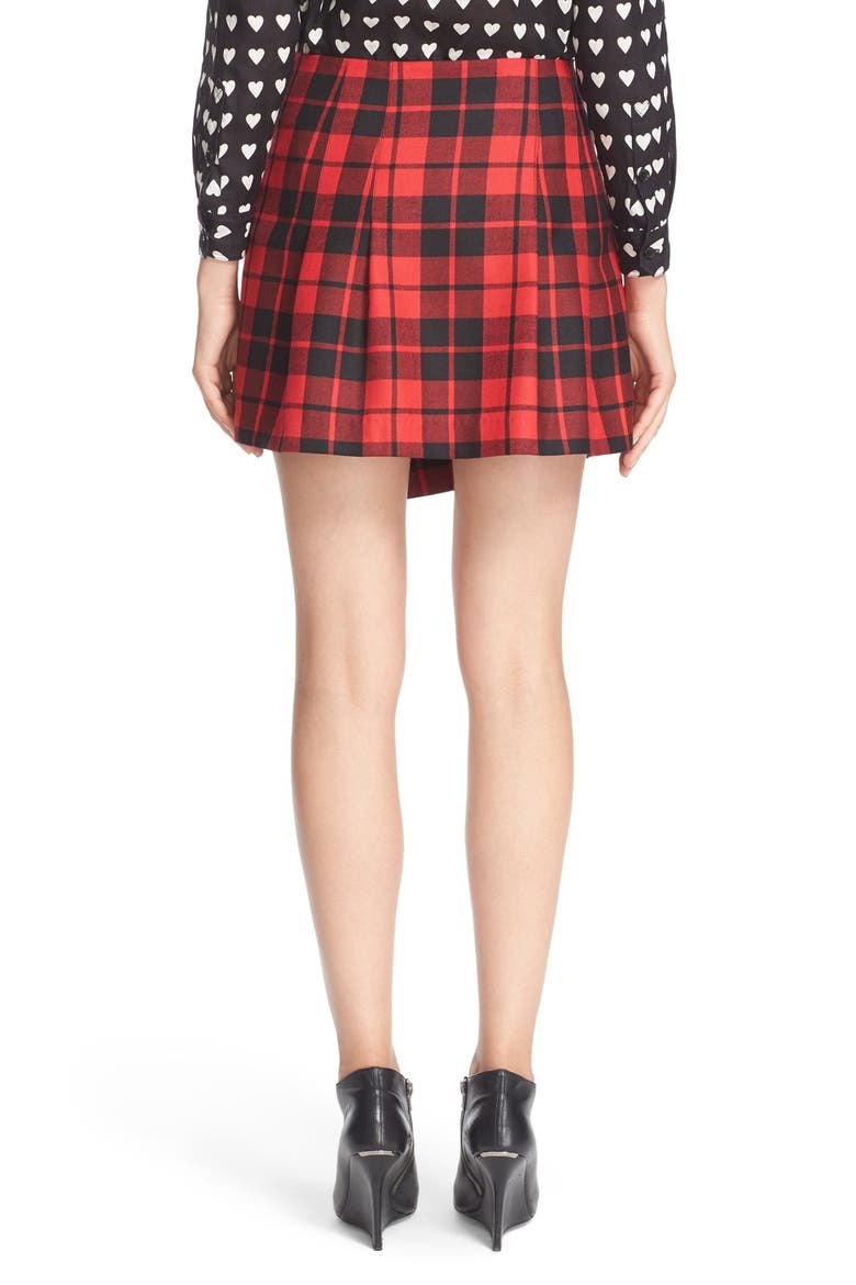 Leather Trim Plaid Wool Skirt, Alternate, color, BRIGHT RED