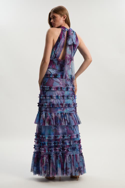 Karen Millen Tulle Layered Halter Neck Maxi Dress In Blue