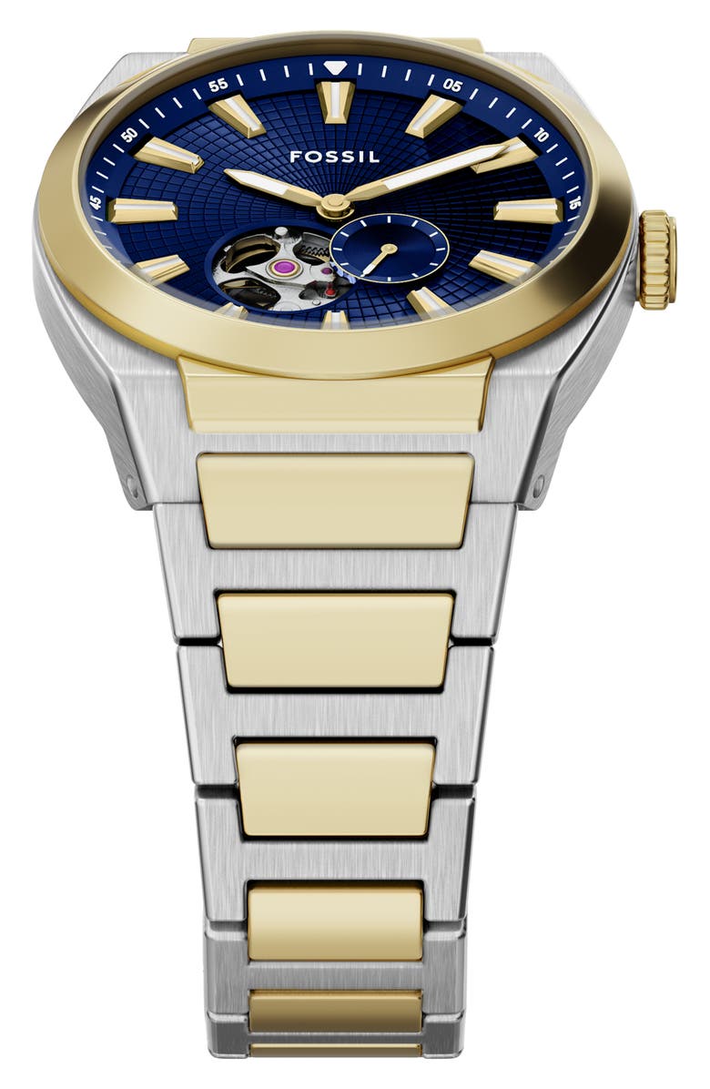 Fossil Everett Automatic Bracelet Watch, 42mm, Alternate, color, Two Tone/ Blue