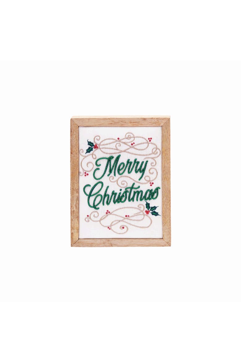 "Merry Christmas" Decorative Embroidered Swirl Shadow Box 6" x 8", Main, color, Green
