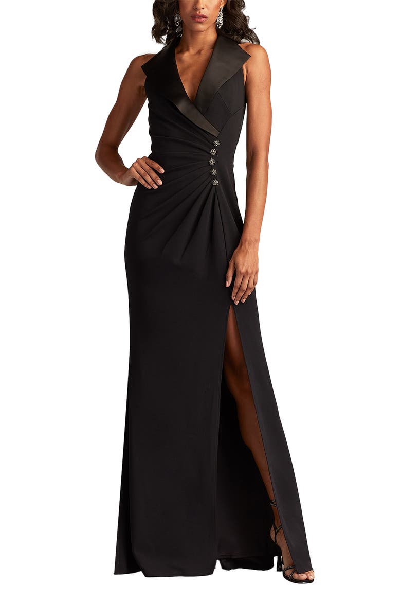 Sleeveless Crepe Tuxedo Gown, Alternate, color, BLACK
