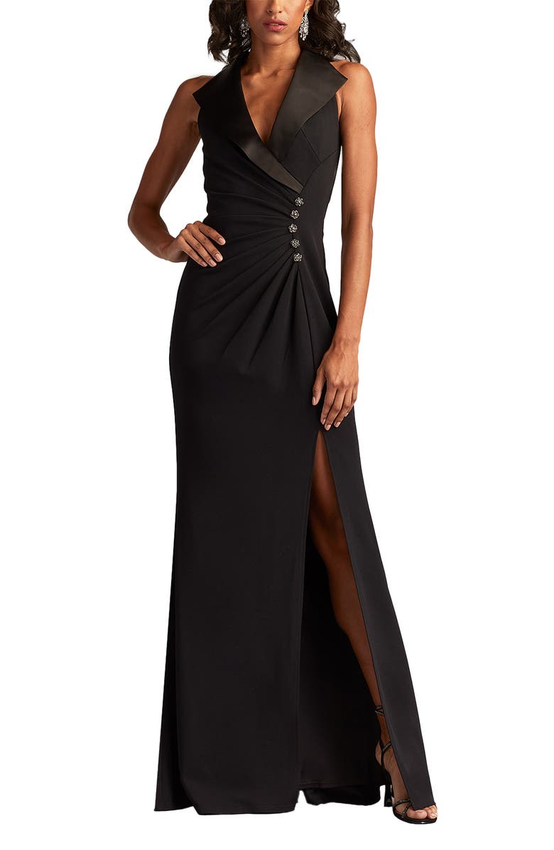 Tadashi Shoji Sleeveless Crepe Tuxedo Gown, Alternate, color, Black