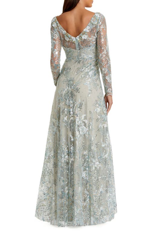 Mac Duggal Floral Rhinestone Embroidered Sweetheart Illusion Long Sleeve Gown In Mist