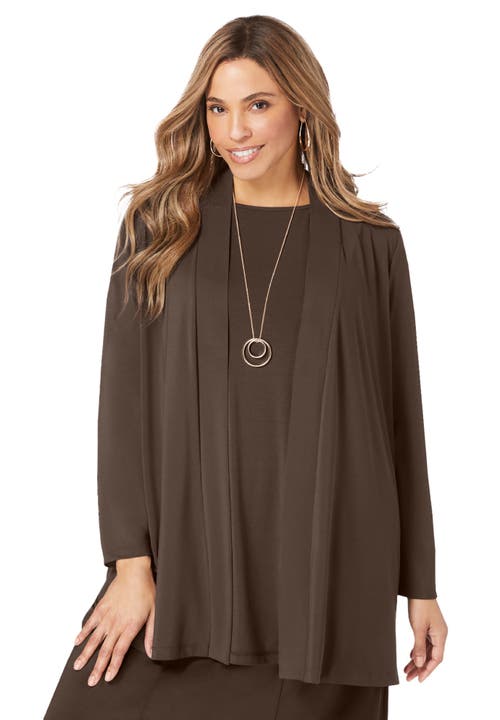 Jessica London Stretch Knit Open Front Knit Topper In Brown