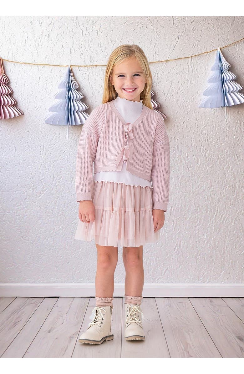 Isobella & Chloe Isobella and Chloe Girls' Ballerina Sweater, Pink Waffle-Knit V-neck with Bow Ties and Scalloped Hem., Alternate, color, Pink