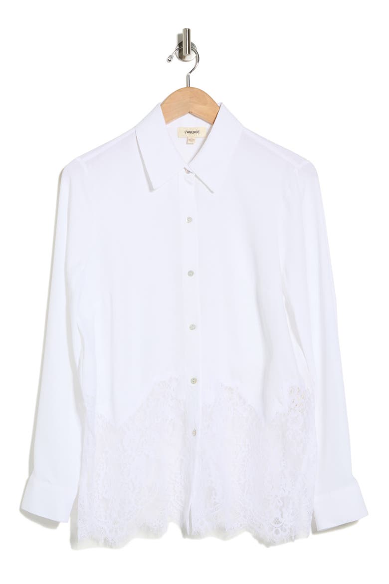 Adalee Lace Trim Button-Up Shirt, Alternate, color, WHITE