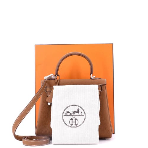 Pre-owned Hermes  Hermes Kelly Handbag Brown Togo With Brushed Palladium Hardware 25 In Gold