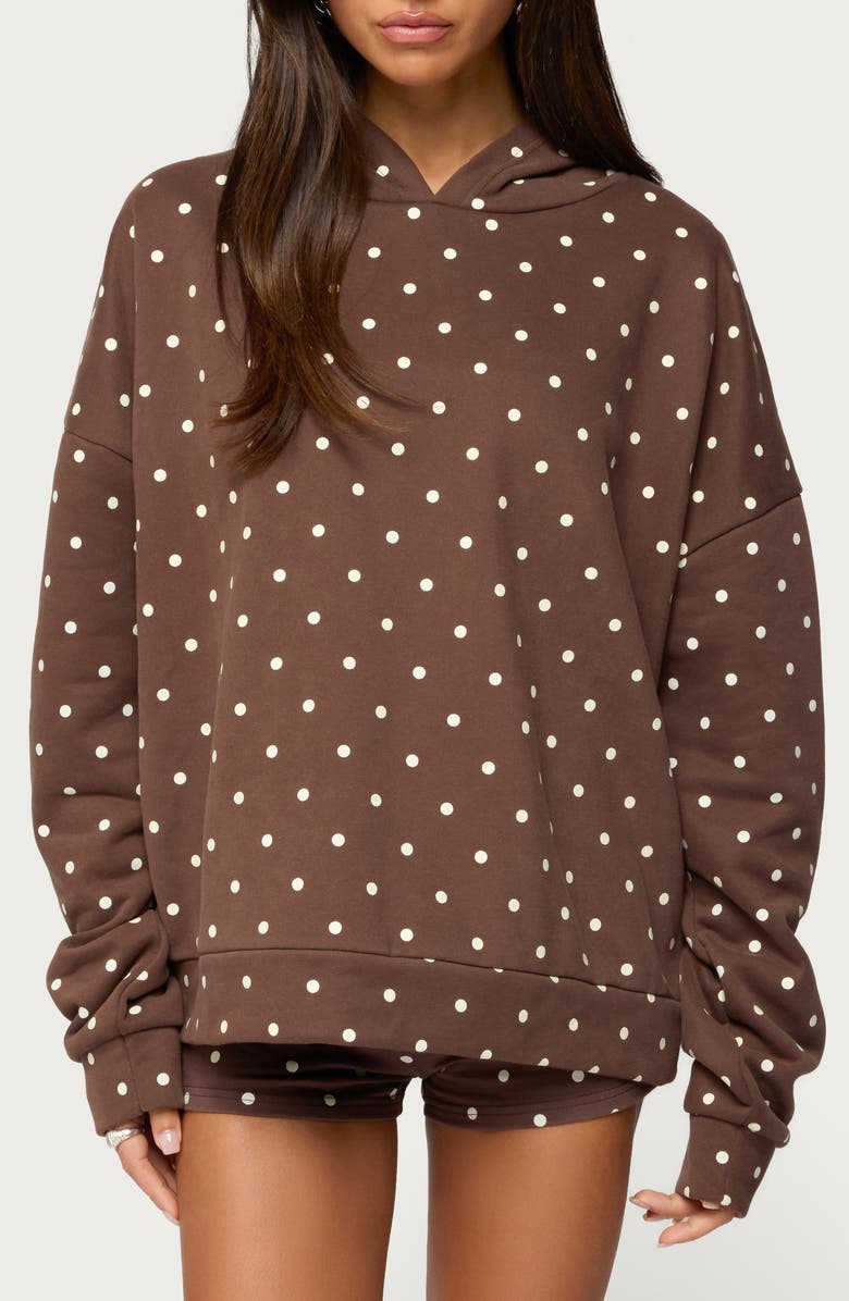EDIKTED Chelsie Polka Dot Hoodie, Main, color, Brown