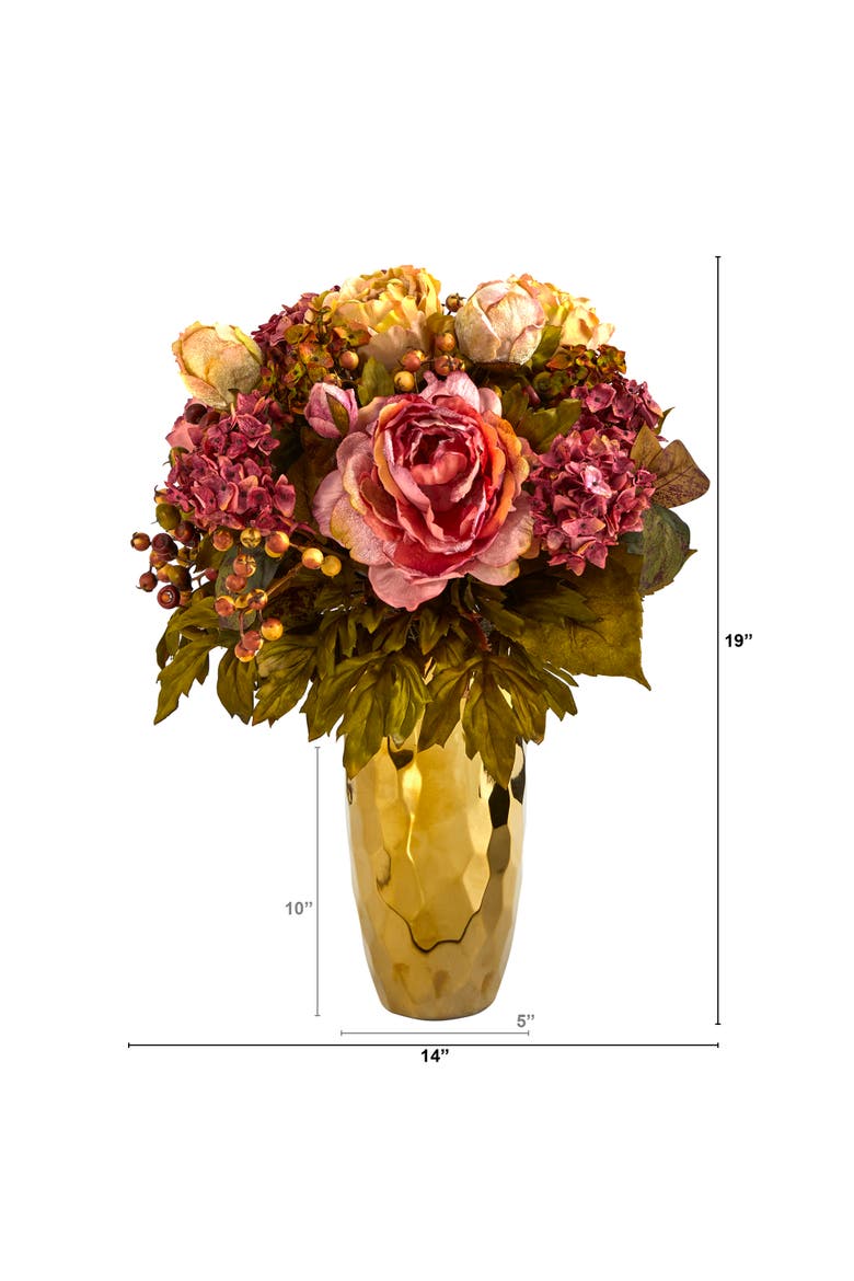 19-in Peony Artificial Arrangement in Gold Vase, Alternate, color, Pink