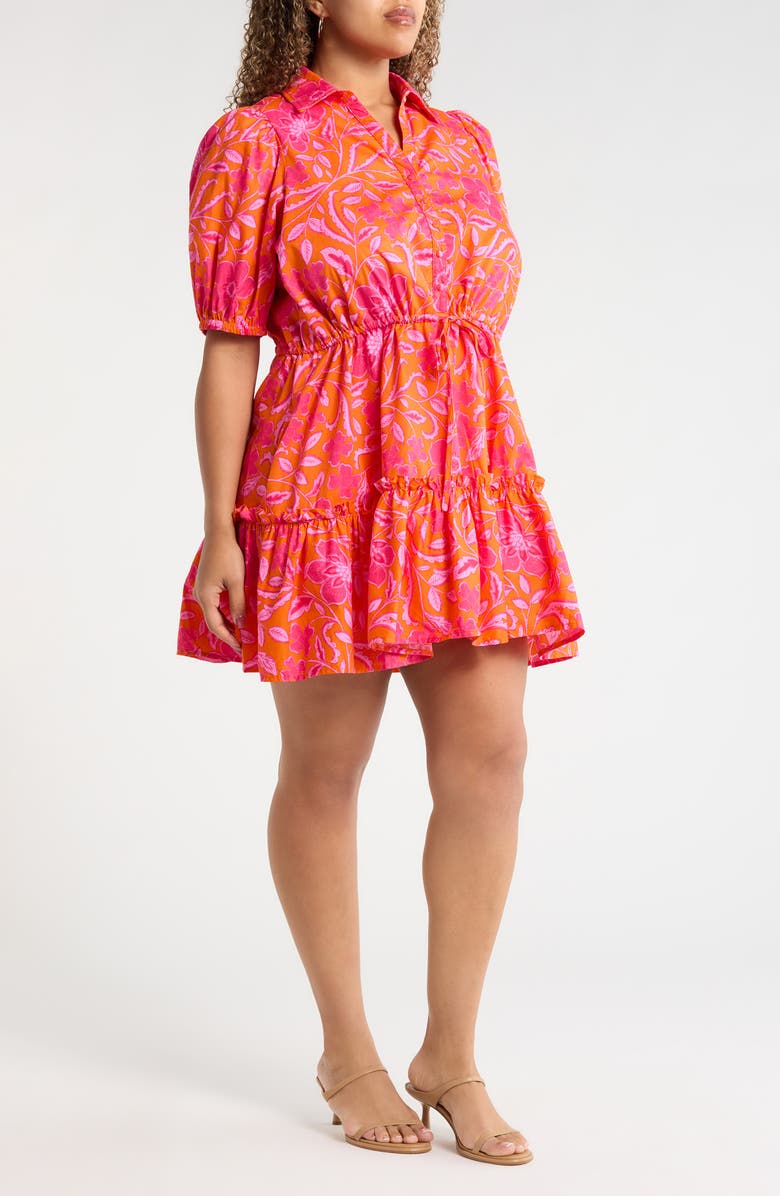 SUGARLIPS Rea Floral Stacie Puff Sleeve Button-Up Cotton Minidress, Alternate, color, Orange-Fuchsia