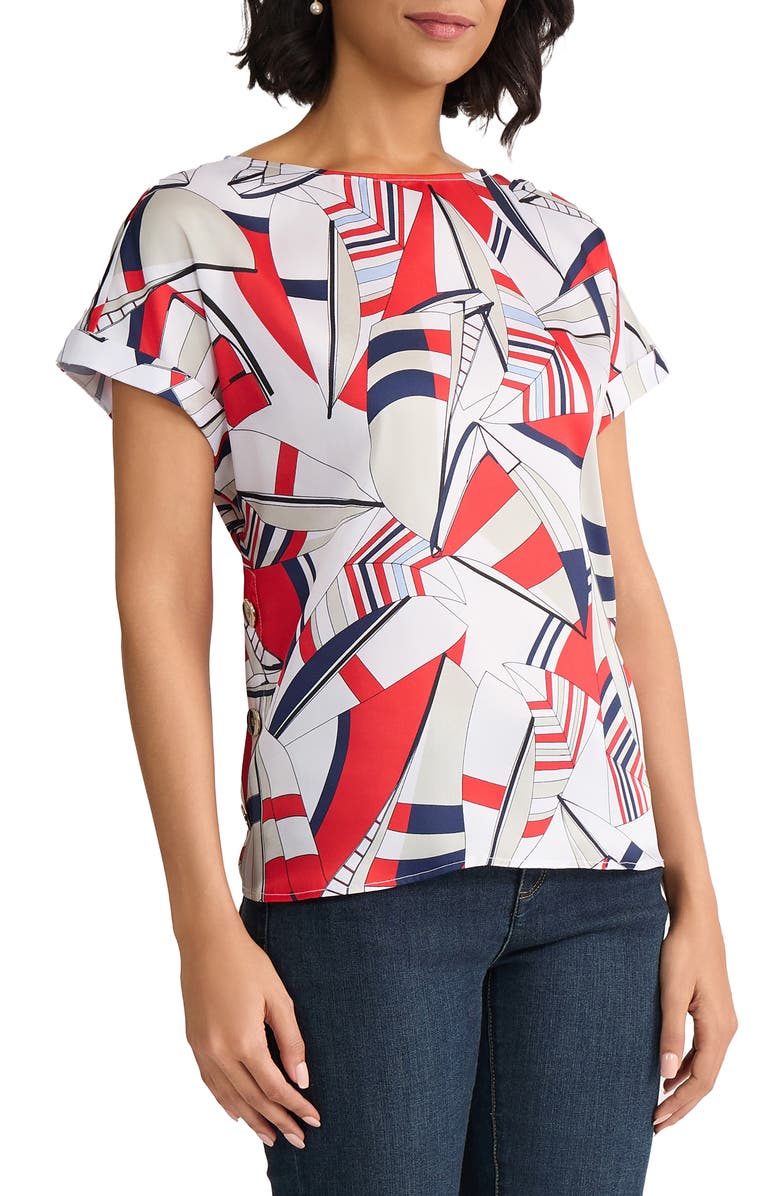Jones New York Geo Print Side Button Top, Alternate, color, Natural White Multi