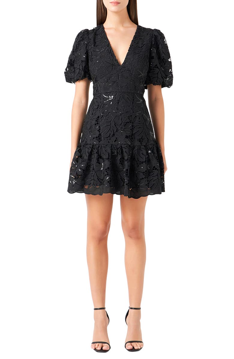 Endless Rose Sequin Lace Fit & Flare Minidress, Main, color, Black