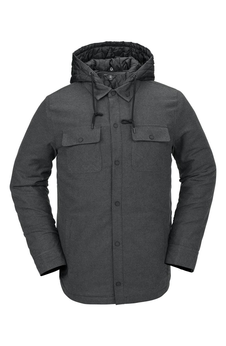 Volcom Insulated Riding Flannel Snap-Up Shirt Jacket with Removable Drawstring Hood, Main, color, 