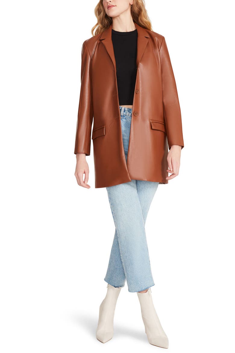 Rock Star Faux Leather Boyfriend Blazer, Alternate, color, COGNAC