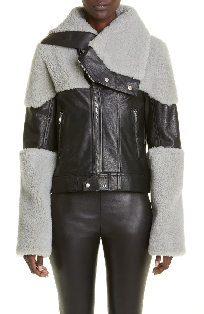Rick Owens Asymmetric Leather & Genuine Shearling Jacket, Main, color,