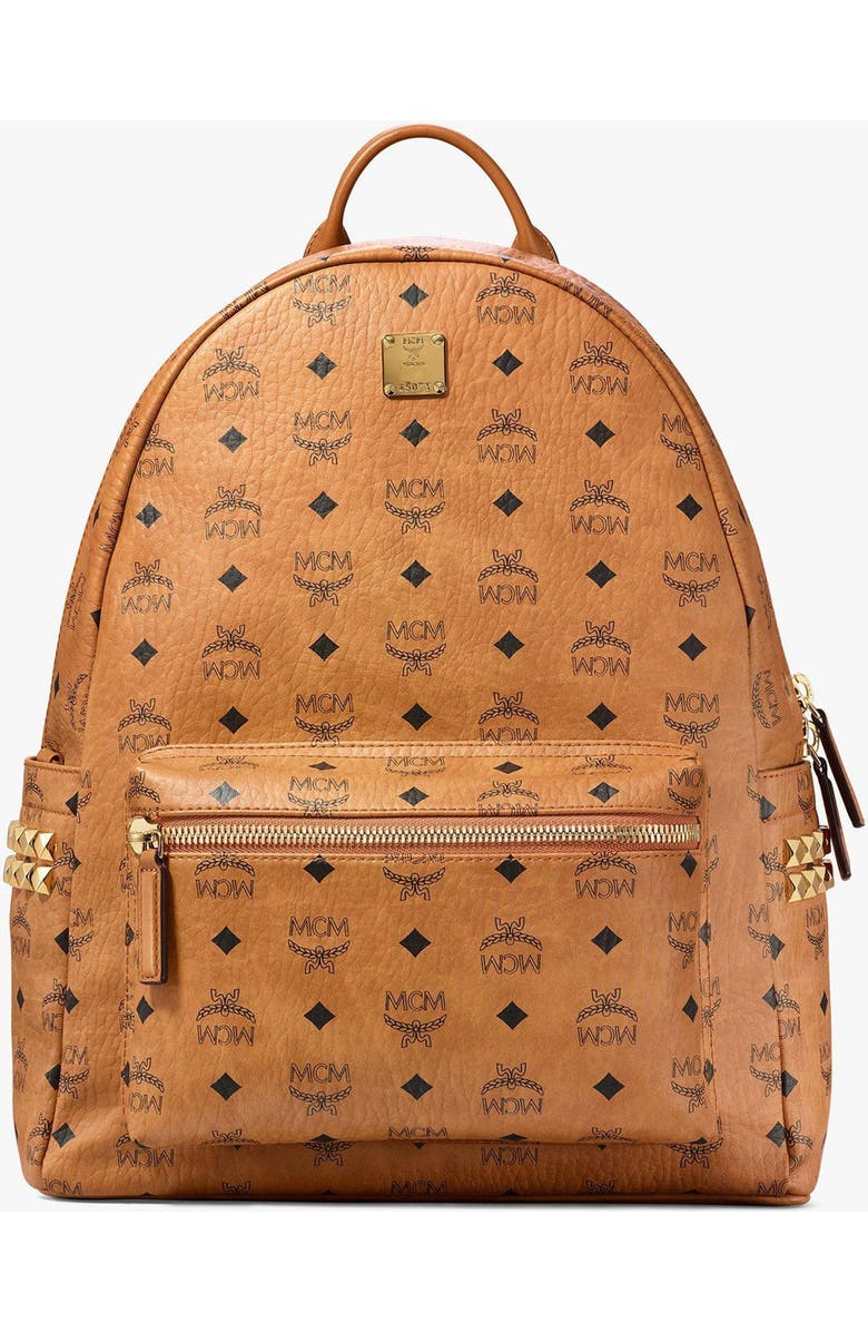 MCM Stark Side Studs Backpack in Visetos, Main, color, Cognac