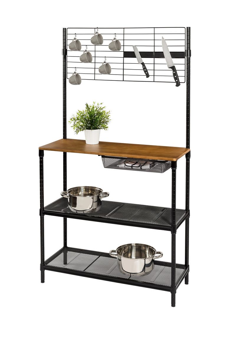 HONEY-CAN-DO Black/Wood Kitchen Bakers Rack, Main, color, 