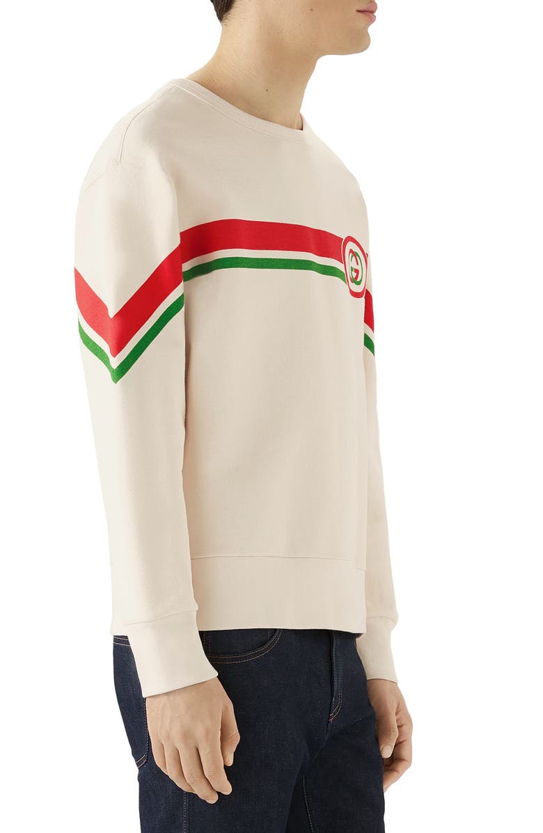 Gucci Interlocking-G Logo Stripe Cotton Sweatshirt, Alternate, color, 