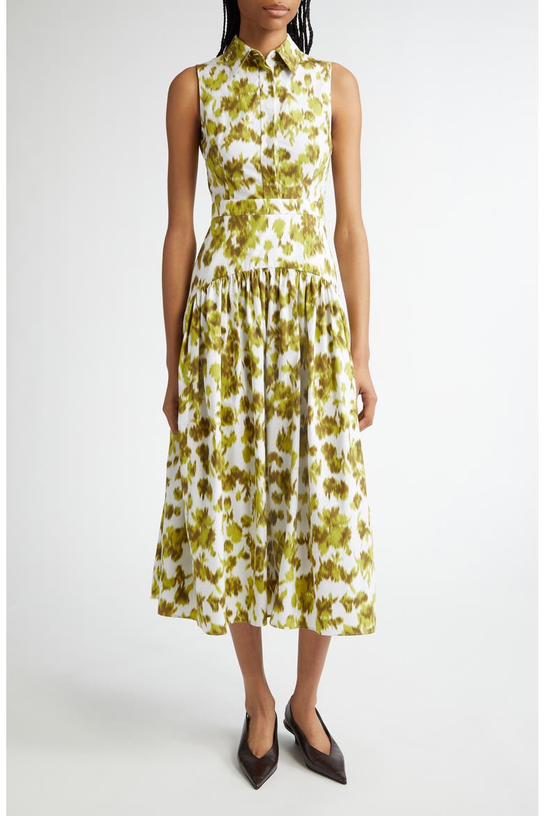 Abstract Floral Print Drop Waist Shirtdress, Main, color, MOSS/OPTIC WHITE