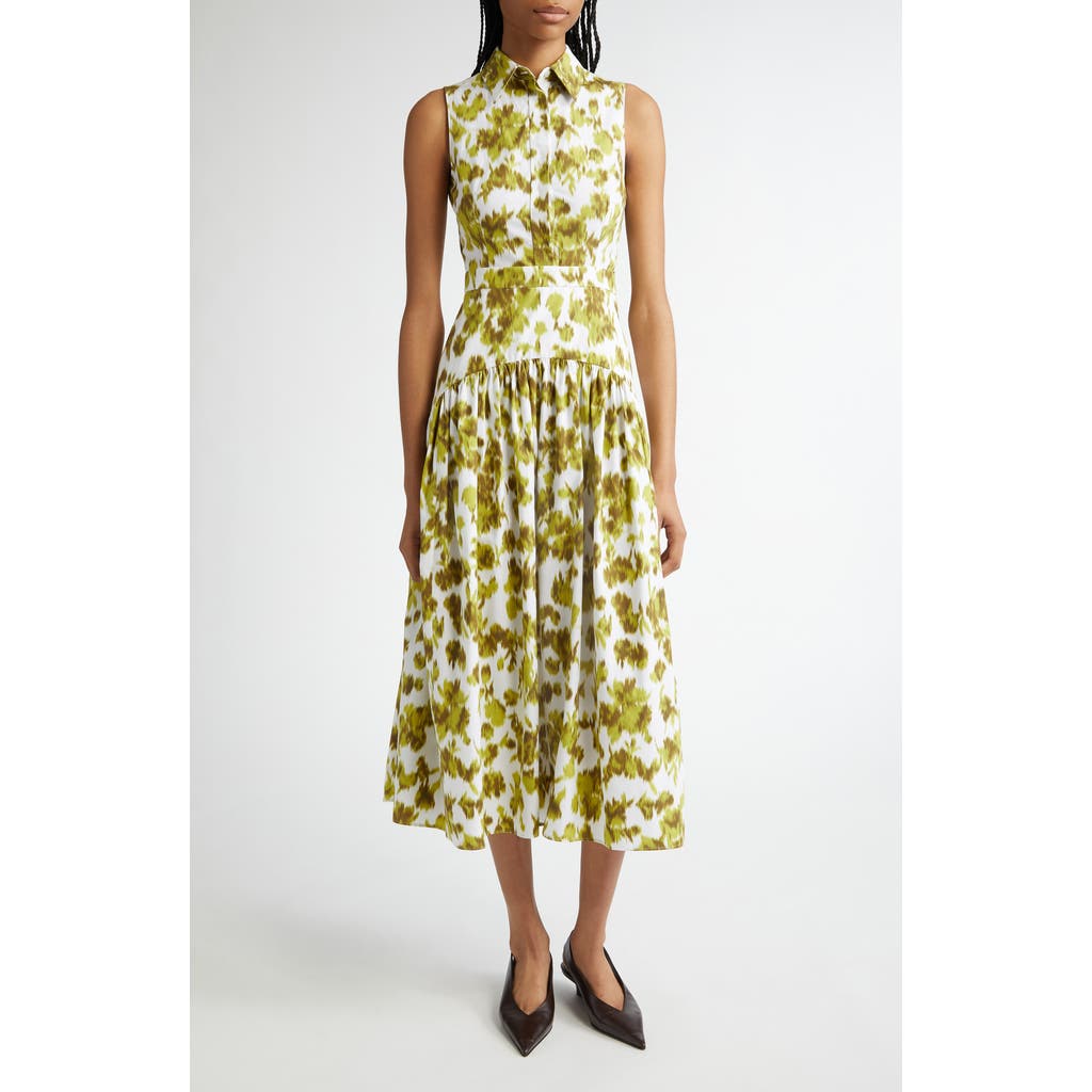 Michael Kors Collection Abstract Floral Print Drop Waist Shirtdress in Moss/Optic White  product