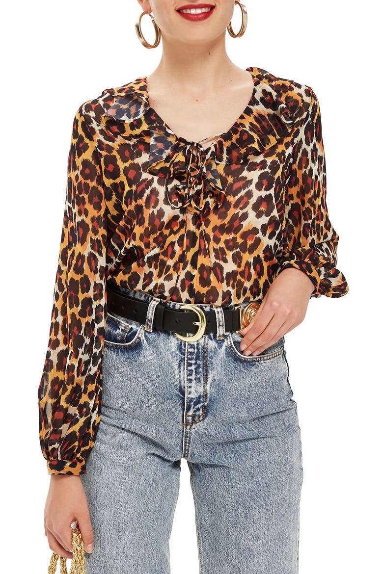 Leopard Print Ruffle Blouse, Main, color, BROWN MULTI