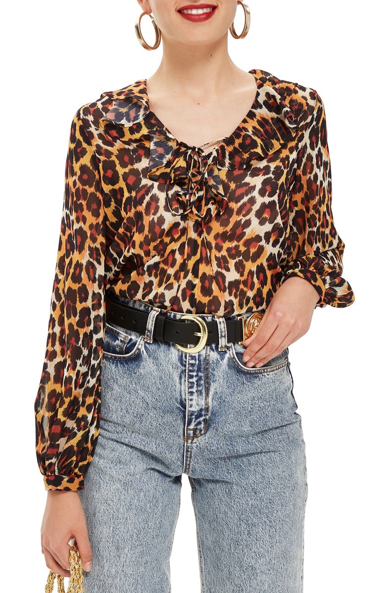 Topshop Leopard Print Ruffle Blouse, Main, color, 