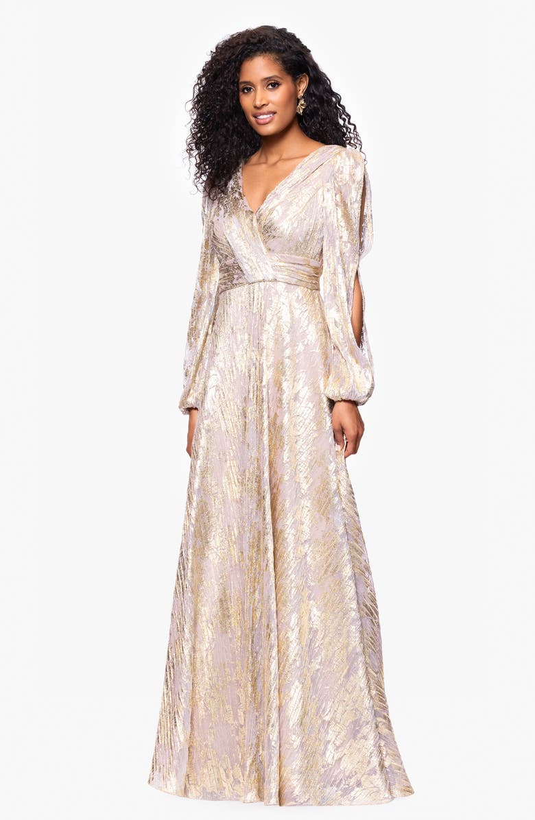 Betsy & Adam Metallic Crinkle Print Long Sleeve A-Line Gown, Alternate, color, White/ Pink/ Gold