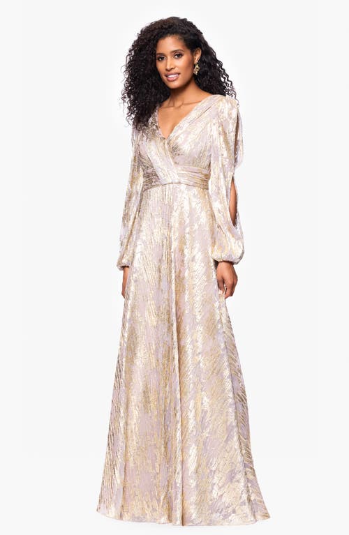 BETSY & ADAM BETSY & ADAM METALLIC CRINKLE PRINT LONG SLEEVE A-LINE GOWN 