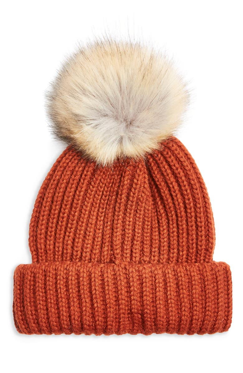 Topshop Faux Fur Pom Beanie, Main, color,