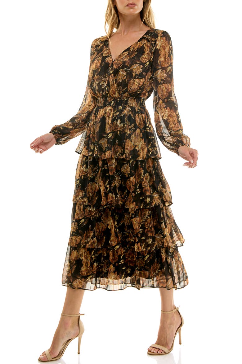 Floral Long Sleeve Tiered Midi Dress, Alternate, color, BLACK GOLD VINTAGE