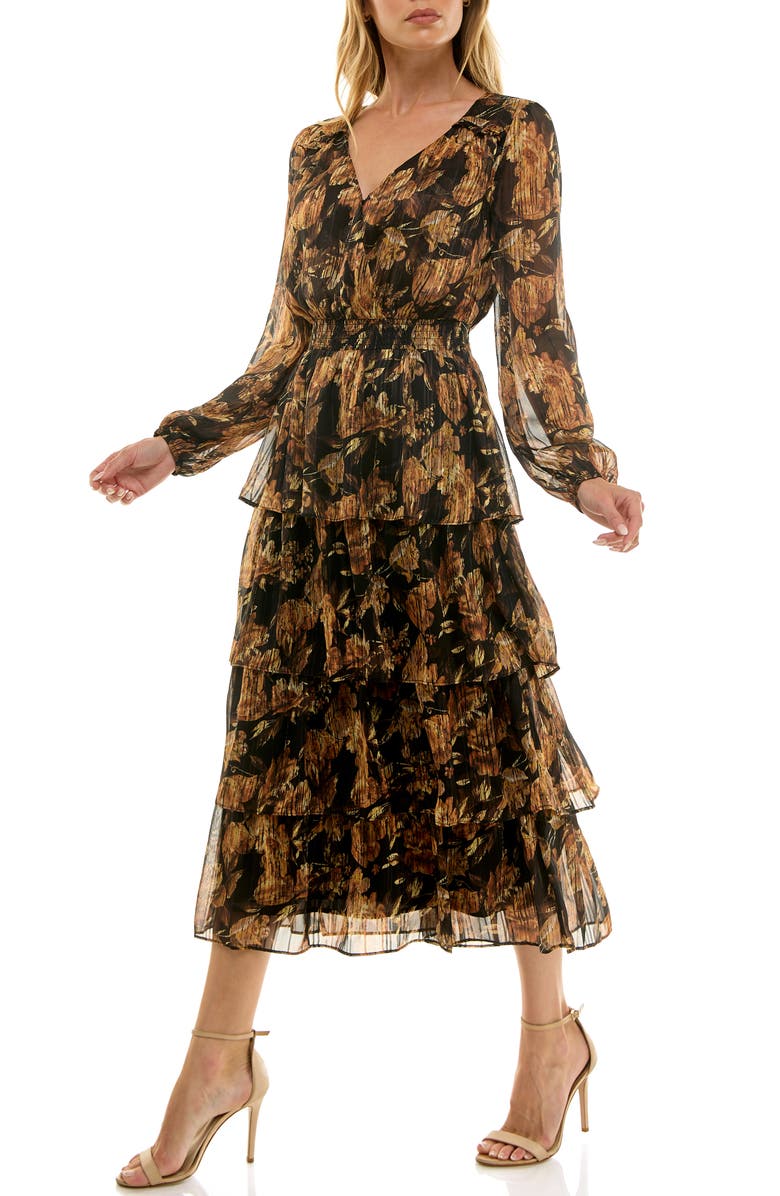 Socialite Floral Long Sleeve Tiered Midi Dress, Alternate, color, Black Gold Vintage