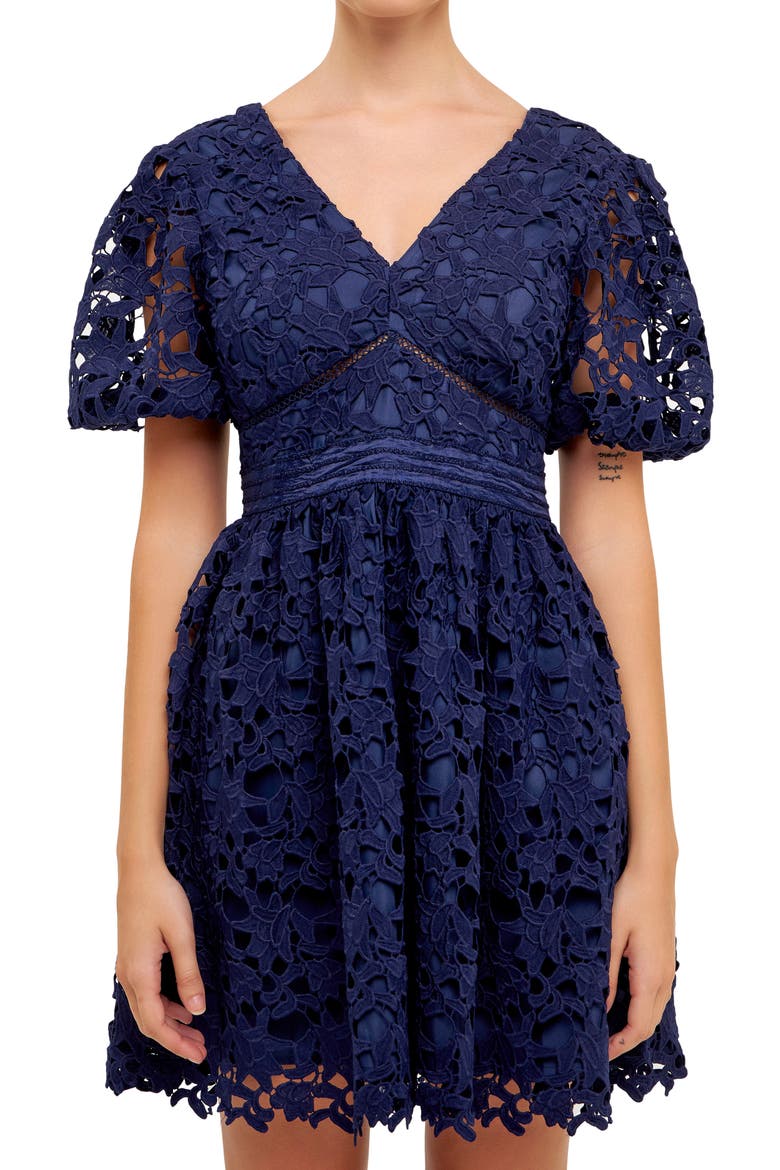 Puff Sleeve Lace Minidress, Alternate, color, NAVY