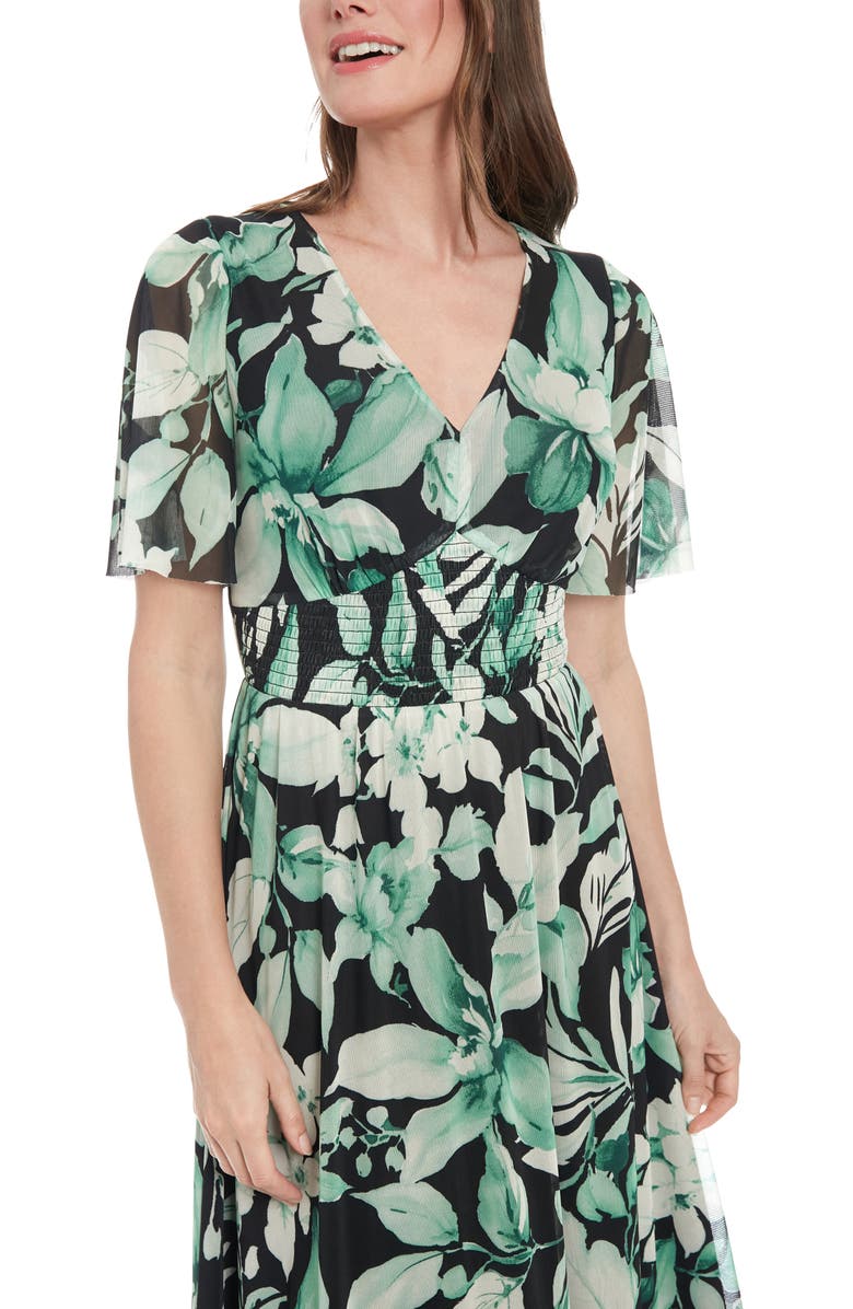 London Times Floral Smocked Flutter Sleeve Mesh Maxi Dress, Alternate, color,