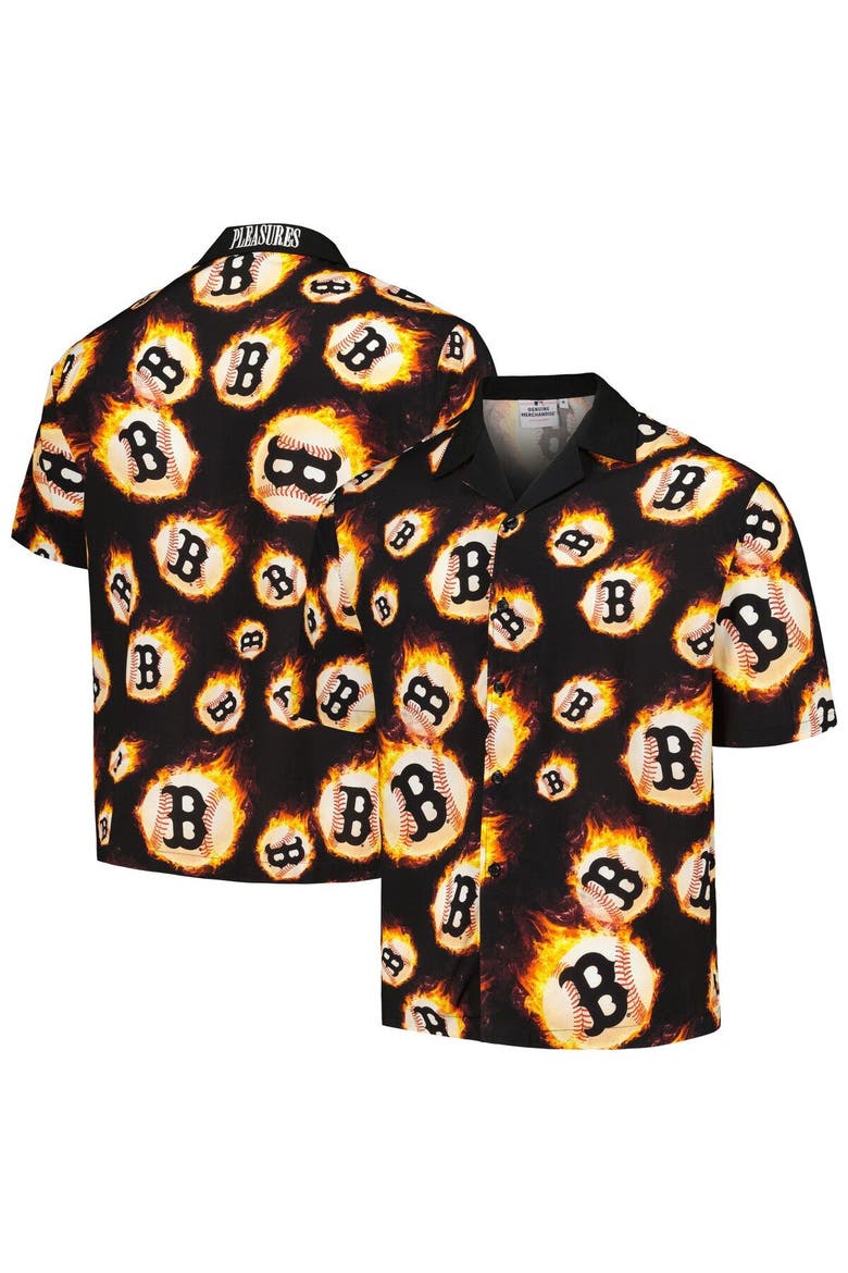 Men's PLEASURES  Black Boston Red Sox Flame Fireball Button-Up Shirt, Main, color, Black