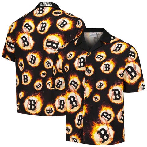 Men's PLEASURES  Black Boston Red Sox Flame Fireball Button-Up Shirt