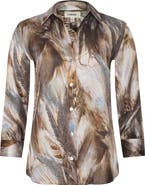 L'AGENCE Dani Feather Print Three-Quarter Sleeve Silk Button-Up Shirt